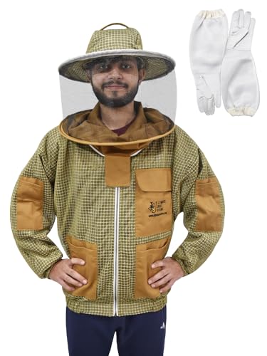 Ultra Ventilated Bee Jacket Beekeepers 3 Layer Beekeeping Jacket Sting Resistant Apiarist Jacket for Men & Women with Pair of Gloves (Khaki Round Veil, 5XL) - color: Khaki Round Veil, size: 5X-Large