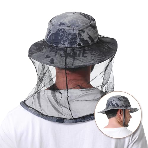 Mosquito Head Net Hat UPF 50+ Sun Protection Bug Hat for Men Women | Sun Visor Style, Perfect for Safari, Hiking, Beekeeping, Camping & Gardening - color: Dark Grey Camouflage