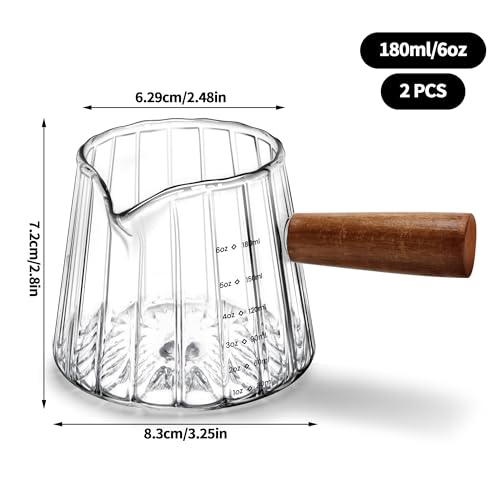 2 PCS Espresso Measuring Cup 6 Oz, Espresso Glass Cups with Wood Handle, Milk Frothing Cup, Espresso Cup for Coffee, Milk, Tea or Maple Syrup Serving - color: Clear