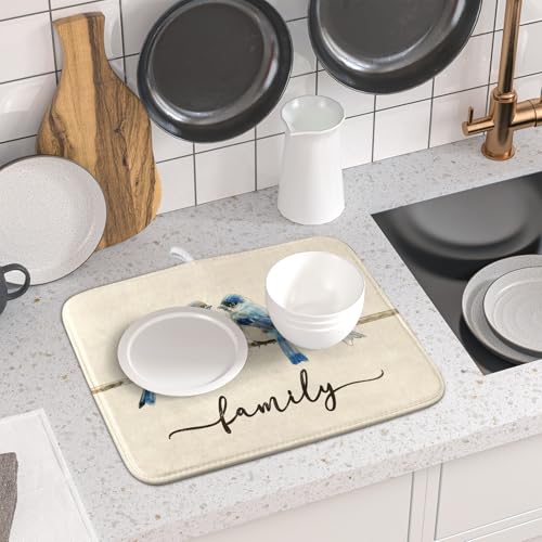 Home Blue Bird Family Dish Drying Mat for Kitchen Counter,Spring Summer Drying Mat 16 x 18 Inch with Absorbent Reversible Microfiber Drying Pad for Coffee Bar - size: 16" x 18"