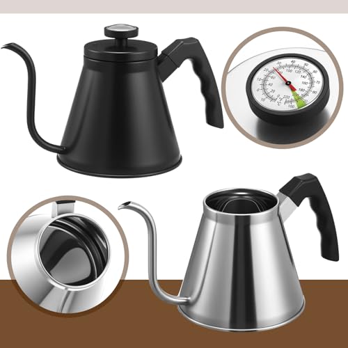 2 Pack 40 oz Gooseneck Kettle with Thermometer Stainless Steel Pour over Coffee Kettle Precision Drip Spout for Stovetop Home Kitchen Camping(Black and Silver) - color: Black and Sliver