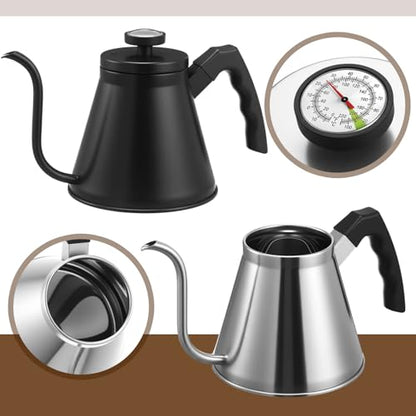2 Pack 40 oz Gooseneck Kettle with Thermometer Stainless Steel Pour over Coffee Kettle Precision Drip Spout for Stovetop Home Kitchen Camping(Black and Silver) - color: Black and Sliver