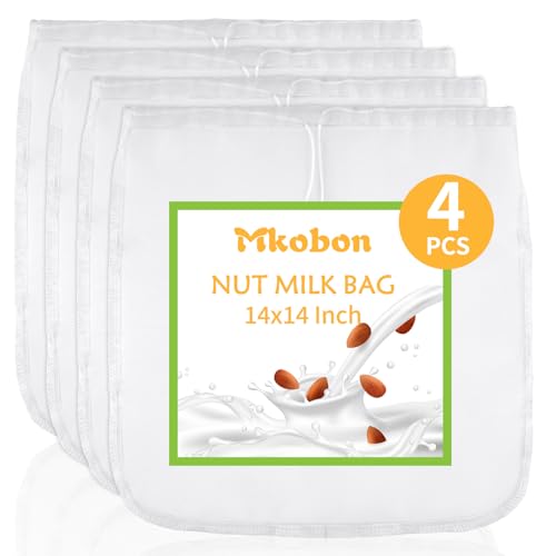 XXL 4 Pcs Food Grade Nut Milk Bag Reusable, Grade 100, 14" x 14" Nut Bag Strainer, Fine Mesh Nylon Cheese Cloth Bags for Straining Oat Almond Milk, Greek Yogurt, Juice, Cold Brew Coffee, Beer Tea - size: 14" x 14"