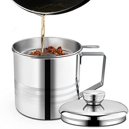 Chihee Grease Container 1.2L / 40 fl oz Stainless Steel Fine Mesh Strainer | Easy Clean Bacon Grease Saver Container Can with Dust-proof Lid Non-slip Tray for Kitchen Storing Frying Cooking Grease - color: Silver(1.2L)