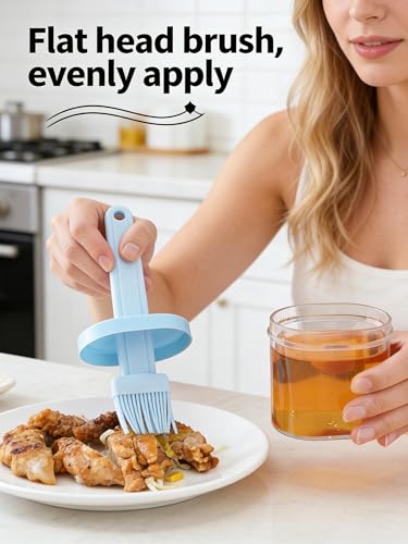 Silicone Pastry Brush with Oil Bottle, Clear Basting Dispenser Jar Set for BBQ Baking Cooking Kitchen, Sauce and Oil Brush Bottle (Blue)