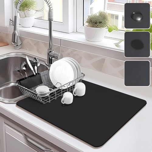 Drying Mat for Kitchen Countertops, Coffee Mat Hide Stain Rubber Backed Absorbent Dish Drying Mat - color: Black, size: 16" x 20"