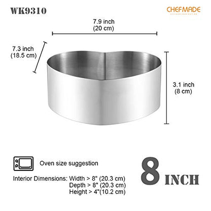 CHEFMADE Mousse Ring Mold, 8-Inch Heart-Shaped Non-Stick Seamless 18/8 Stainless Steel Food Molding - size: 08 - 8" Heart 3" (H)