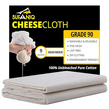 Sufaniq Cheese Cloths, Grade 90 (9 Sq Feet) 100% Pure Cotton Reusable Cheesecloth, Unbleached Ultra Fine Fabric, Cheesecloth for Straining, Premium Butter Muslin Cloth for Straining - 1 Sq Yard - size: Grade 90 - 1 Yard