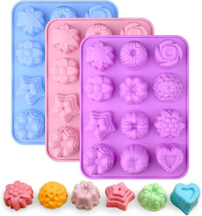 Sakolla 3 Pack Flower Molds Silicone, 12 Cavities Different Shapes Silicone Molds for Chocolate, Cupcake, Candy, Jelly, Ice Cube, Muffin (Pink, Purple, Blue) - color: Flower Shape/3 Colors