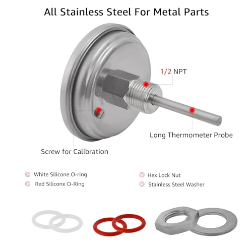 3" Dial 2" Probe FERRODAY 1/2 NPT Stainless Steel Dial Thermometer 1/2 NPT Homebrew Kettle Thermometer Weldless w/O-Rings 0-220ºF Kettle Stainless Steel Brew Pot Thermometer