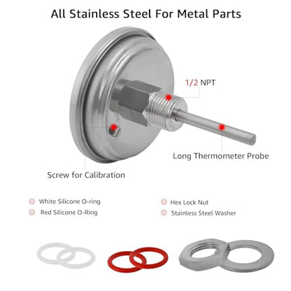 3" Dial 2" Probe FERRODAY 1/2 NPT Stainless Steel Dial Thermometer 1/2 NPT Homebrew Kettle Thermometer Weldless w/O-Rings 0-220ºF Kettle Stainless Steel Brew Pot Thermometer