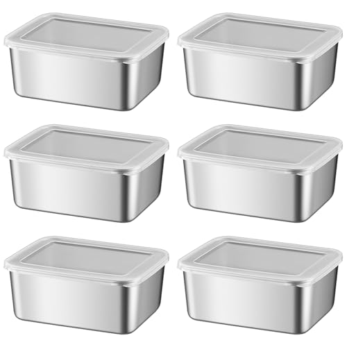6PCS Stainless Steel Food Containers with Lids, 600ml Stackable Reusable Pizza Dough Proofing Boxes for Lunch, Meal Prep, Leftovers, Fruits Storage
