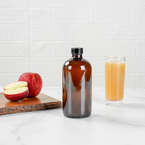Restaurantware Vetri 16 Ounce Boston Glass Bottles, 12 Bottles With Black Phenolic Caps - Dishwashable, Round, Amber Glass Bottle, For Secondary Kombucha Fermentation, Homemade Essential Oils - color: Amber, size: 16 Ounces