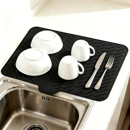 Silicone Dish Drying Mat for Kitchen Counter,23"X17" With Built-in Drain Lip,Food-Grade Silicone, Heat-Resistant Eco-friendly Hygienic Drying Mat Leak-Proof and Non-Slip, Multi-Functional Use（Black） - color: Black, size: 23" x 17"