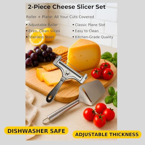 Cheese Slicer & Cheese Cutter - Adjustable Stainless Steel Wire Cheese Cutter with 1 Extra Wires - Cheese Shaver for Mozzarella, Cheddar, Gruyere - Cheese Slicer with Wire (Silver)