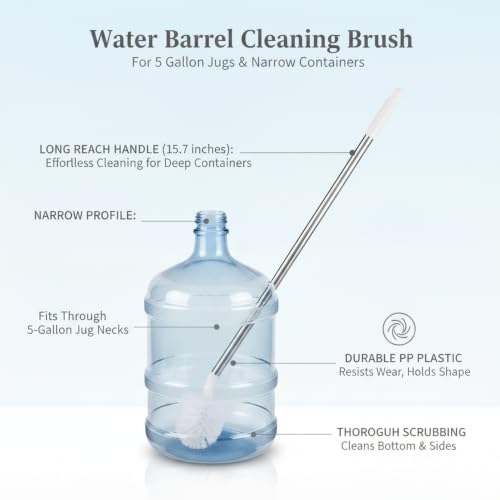Long Handle Water Jug Brush for 5 Gallon Bottles and Narrow Neck Containers, Durable PP Plastic Scrubber (1 Pack, White)
