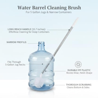 Long Handle Water Jug Brush for 5 Gallon Bottles and Narrow Neck Containers, Durable PP Plastic Scrubber (1 Pack, White)