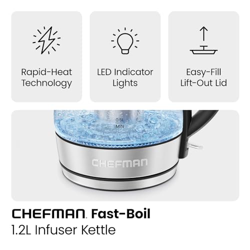 CHEFMAN Electric Kettle - 1.2L 1500W Hot Water Tea Pot with Infuser, BPA Free, Auto Shut Off, Boil-Dry Protection, Removable Lid, LED Light, Cordless Glass Electric Tea Kettle – Stainless Steel - size: 1.2 Liter