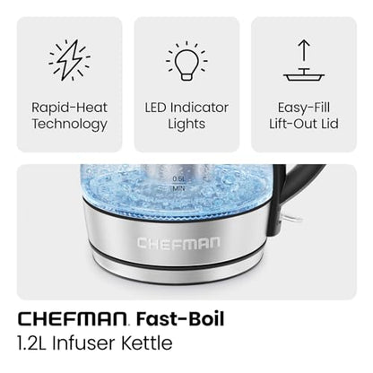 CHEFMAN Electric Kettle - 1.2L 1500W Hot Water Tea Pot with Infuser, BPA Free, Auto Shut Off, Boil-Dry Protection, Removable Lid, LED Light, Cordless Glass Electric Tea Kettle – Stainless Steel - size: 1.2 Liter