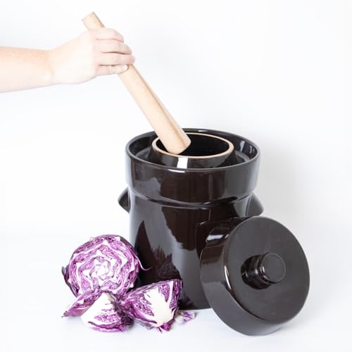 Lehman's European Style Fermentation Crock Set with Wooden Stomper and Fitted Weights, Set to Preserve Sauerkraut Pickles Kimchi and More - size: 2.6 Gallon