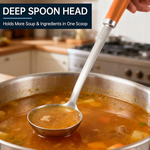 Safring Stainless Steel Soup Ladle and Spaghetti Spoon Set, Heat Resistant Rubber Handle, Dishwasher Safe, Kitchen Utensils for Cooking, Stirring, Serving Pasta, Soup & Sauce (Orange) - color: Orange