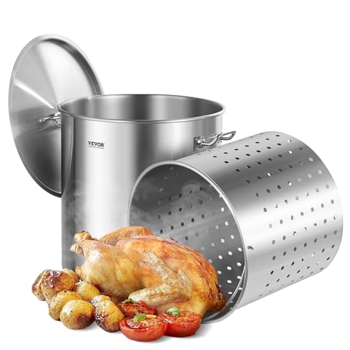 VEVOR Stainless Steel Stockpot, 100 Quart Large Cooking Pots, Cookware Sauce Pot with Basket, Lid, and Handle, Heavy Duty Commercial Grade Stock Pot, Sanding Treatment, for Large Groups Events Silver - size: 100 Quarts