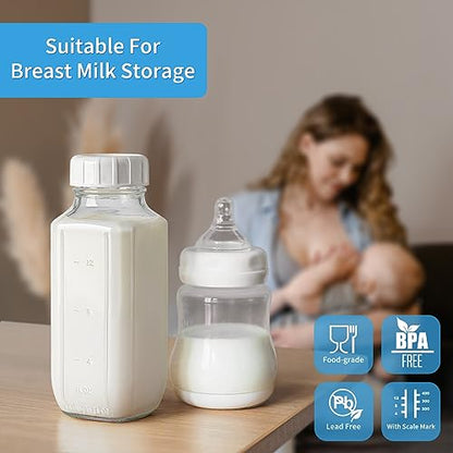 6 Pack 16 Oz Glass Juice Bottles with 2 Pour Spouts, 100% Airtight Heavy Duty SCREW Lid- Reusable Glass Milk Bottles w Scale Mark, Square Drinking Jar Juice Container Breast Milk Pitcher(Extra 2 Lid) - style: 6 Pack