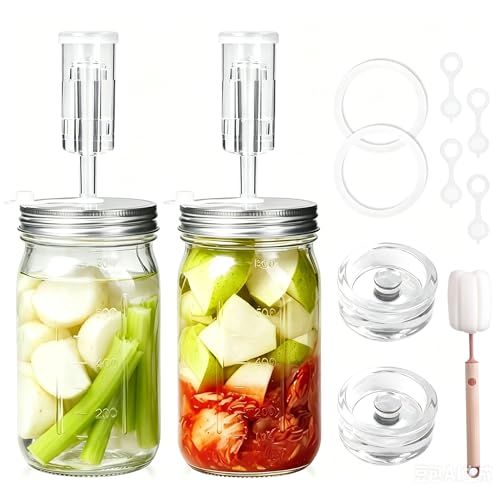 Mason Jar Fermentation Kit, 2 Pack 32oz Wide Mouth Glass Jars with Airlocks & Glass Weights – For Kimchi, Sauerkraut, Pickles, Fermenting & Canning (2)