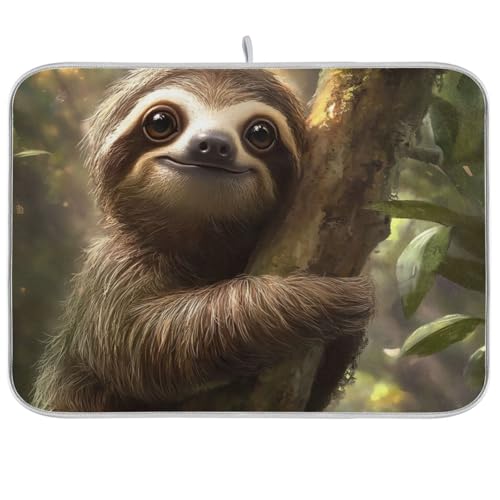Cute Sloth on Tree Dish Drying Mat for Kitchen Counter Super Absorbent Draining Mat with Non-slip Backed Dishwashing Mat for Dish Cups Bowl Bottles Countertops Sinks Draining Racks