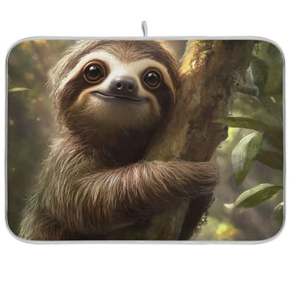 Cute Sloth on Tree Dish Drying Mat for Kitchen Counter Super Absorbent Draining Mat with Non-slip Backed Dishwashing Mat for Dish Cups Bowl Bottles Countertops Sinks Draining Racks