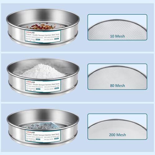 3 Pack 304 Stainless Steel Mesh Lab Sieves, 200mesh 0.075mm, 80 Mesh 0.2mm, 10 Mesh 2mm Aperture Test Sieve,7.9in/20cm Dia Economy Test Sieve for Industrial Laboratory Homes - style: 200+80+10
