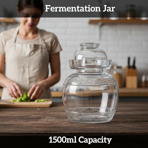 Fermentation Jar, 1.5 Liter Glass Pickle Jar with Water Seal Lid | Clear Glass, Food Grade, Fermentation Kit for Making Pickles Kimchi, Sauerkraut