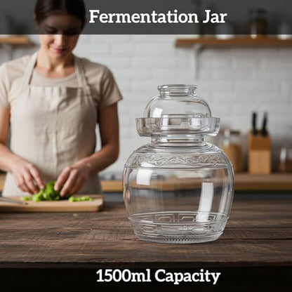 Fermentation Jar, 1.5 Liter Glass Pickle Jar with Water Seal Lid | Clear Glass, Food Grade, Fermentation Kit for Making Pickles Kimchi, Sauerkraut