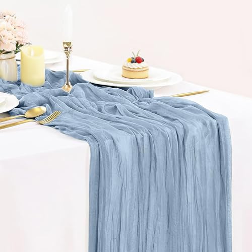 BLUETOP Dusty Blue Cheesecloth Table Runner 35x120 Inch, Semi Sheer Boho Gauze Cheese Cloth Fabric Table Runners for Wedding Bridal Baby Shower Birthday Party Decorations - color: Dusty Blue, size: 10ft x 1pc