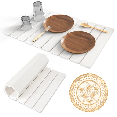 Stone Dish Drying Mat, 24"(L)×16"(W) - Fast-Drying, Collapsible Kitchen Counter Mat for Dishes, Cups & Bottles with Sanding Tool + Placemat, White