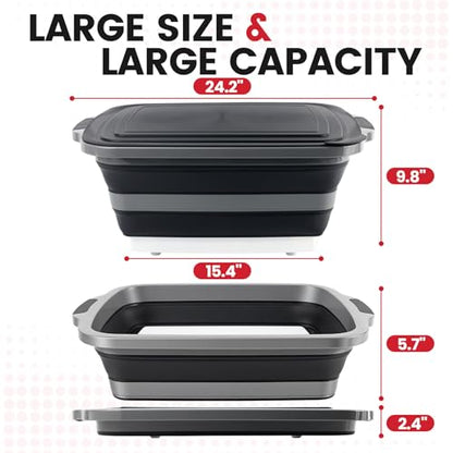 BBQ Prep Tub 3-IN-1 Large 30L Collapsible Cutting Board with Lid for Grill Meal Prep Marinating Food, Camping Sink with Colander, Dish Basin, Storage Blanket for Camping Picnic BBQ Grilling, Black - color: Black 30L