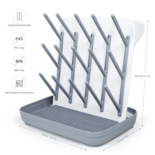 Termichy Baby Bottle Drying Rack: Vertical Bottle Dryer Rack Holder with Brushes Set- Drying Rack & Nipple Scrubber-Space Saving Standing Drying Rack for Baby Bottles and Pump Part Cleaning - color: Gray(with Brushes)