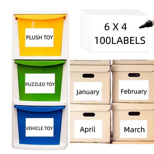 Removable Waterproof Labels for Storage Bins - 100 4" x 6" Organizing Name Label for Containers Stickers for Shipping Packing, Kitchen Storage, Proof-Water/Oil, Sticky Large Labels for Moving Boxes - size: Storage Bins Labels 100pcs (4" x 6")