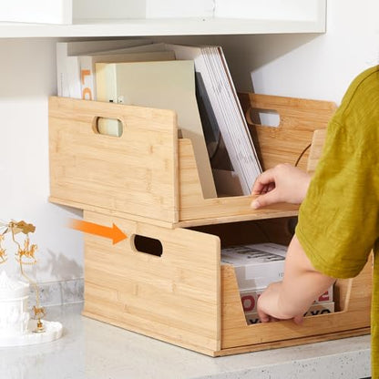 AceOrbit 2 Pack Bamboo Pantry Organizers Storage Bins Large Stackable Open Front Potato and Onion Storage Baskets Foldable Kitchen Counter Organizer for Pantry Food Organization,12.8 x 15.8 x 7.4 Inch