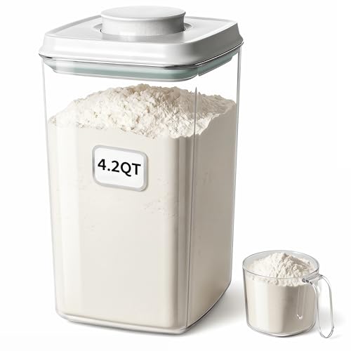 Melovom Pop Airtight Food Storage Container with Lid, 4L/4.2qt Large Cereal Flour Sugar Storage Container with Scoop, One Button Opening, BPA-Free, Kitchen Pantry Organization and Storage - color: gray, 4.2Qt