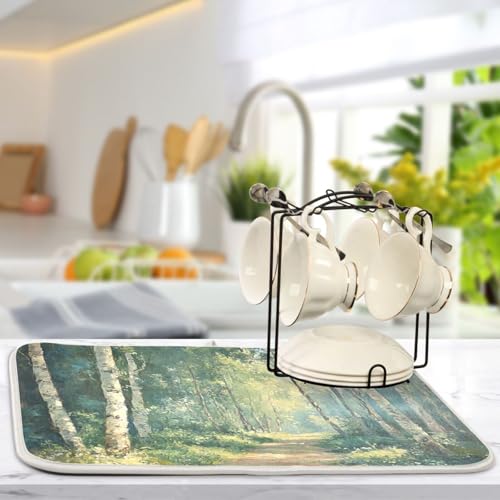 Birch Trees Path Dish Drying Mat for Kitchen Counter Super Absorbent Draining Mat with Non-slip Backed Drainer Mat for Dish Bottles Cups Bowl Draining Racks Countertops Sinks
