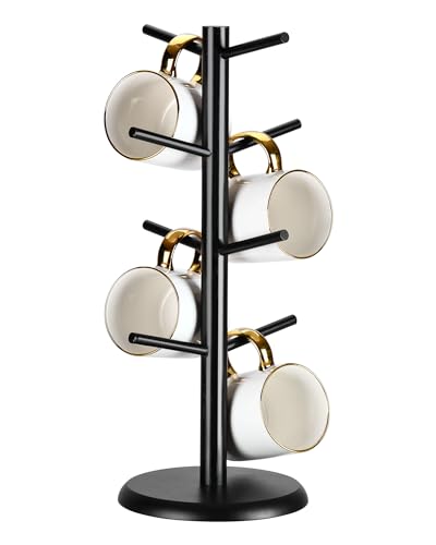 Lorbro Coffee Mug Tree with 8 Hooks, Mug Tree Stand, Wooden Coffee Cup Holder, Countertop Mug Tree, Mug Stand Kitchen Organizer, Cafe Accessories Decor & Kitchen Organizer Storage Stand (Black) - size: Non-Rotatable