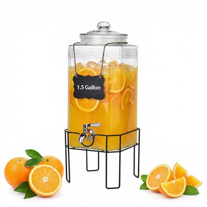 1.5 Gallon Glass Drink Dispenser, Drink Dispensers for Parties, Beverage Dispenser with Stand and Glass Lid, 100% Leakproof Spigot, Ideal for Lemonade, Juice, Iced Tea, Laundry Detergent - size: 1.5 Gallon