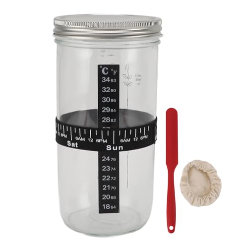 Zerodis Fermentation Equipment 34oz Glass Jar with Thermometer Date Marked Feeding Band Silicone Lid Cloth Cover Scraper for Sourdough Bread Baking Supplies Home Baking Supplies