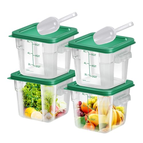 4 pcs 6qt Food Storage Containers with Lid, Square Clear Commercial Storage Containers with Handle and Scale for Food Storage in Home Kitchen & Dining (Green) - color: A3-6QT-4PCS-GREEN