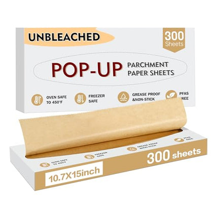 Tchrules Pop Up Parchment Paper Sheets 300 Pack 10.7x15 Inch | Pre Cut Sheets | Non Stick | Unbleached | 450°F Heat Safe | Air Fryer & Baking Use