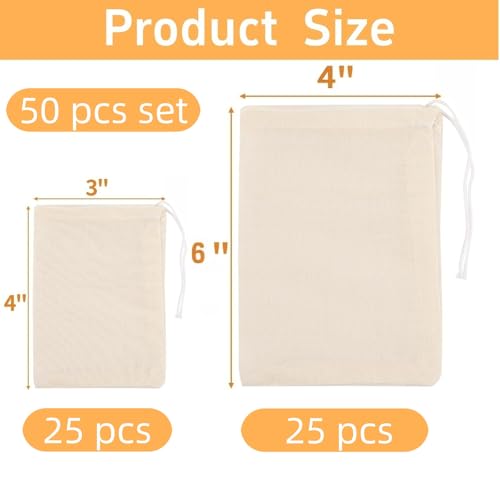 50-Pack Natural Unbleached Cotton Muslin Drawstring Bags,Reusable Tea Bags for Loose Leaf Tea/Spice Bags for Cooking Soup/Herb/Cooking -Small Cotton Cheese Cloth Bag for Straining (3x4"+4x6") - size: 3x4"+4x6"