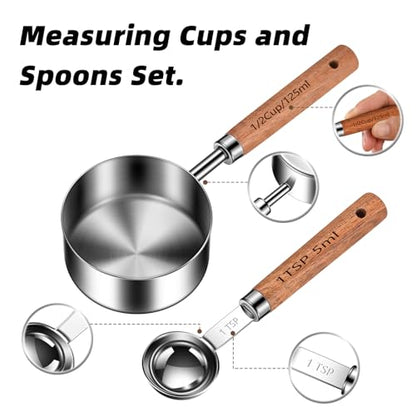 Wooden Handle Measuring Cups & Spoons Set 8-Piece – Stainless Steel, Stackable, Rustic Farmhouse Kitchen Gadgets, Non-Toxic, Dishwasher Safe, Gift for Bakers & New Homeowners. - size: Silver-wood handle