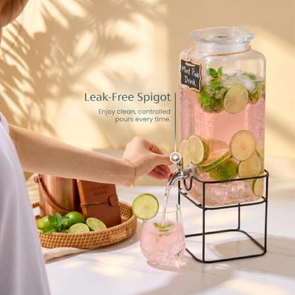Kook Glass Drink Dispenser, with Stand, 1 Gallon, Serves 15 Cups, Leak-Proof Stainless Steel Spigot, Beverage Storage for Fridge, for Water, Iced Tea, Sangria, Lemonade, 1 Gallon