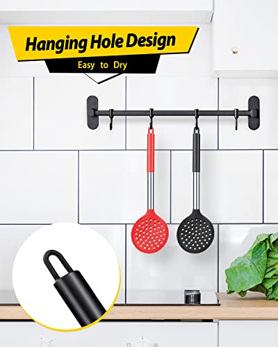 Silicone Kitchen Ladle Strainer, Black-Red, 2 Pack | Slotted Spoon, High Heat Resistant, BPA Free, Non Stick, Ideal for Draining and Frying - color: Black and Red
